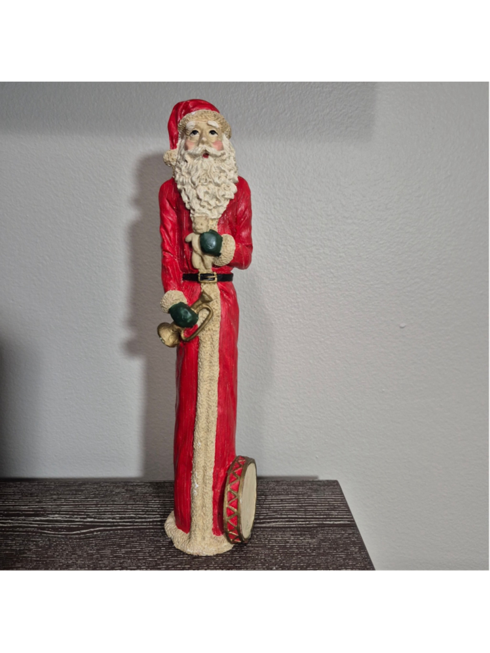 Vintage Pencil Slim Santa Claus Folk Art Christmas Resin Figurine Decor Drum 10"